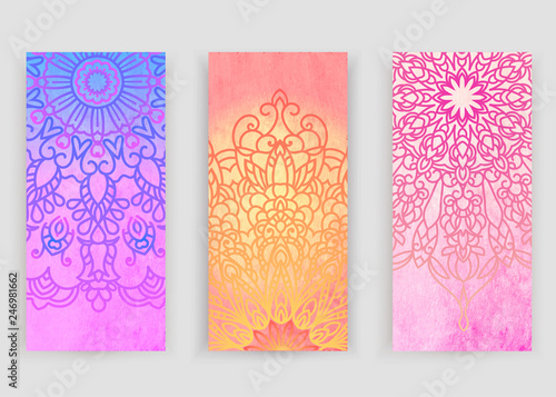 Round gradient mandala on watercolor trace background. Vector boho mandala in green and pink colors. Mandala with floral patterns. Yoga template