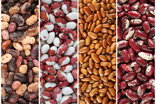 Kidney beans collage - raw beige with brown, white with red, light brown and purple with white speckled kidney beans