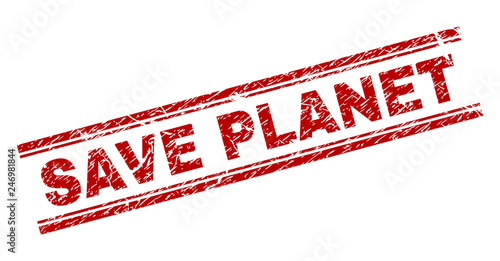 SAVE PLANET seal stamp with grunge texture. Red vector rubber print of SAVE PLANET label with dust texture. Text label is placed between double parallel lines.