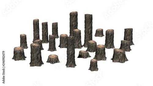 many several tree stumps - isolated on white background