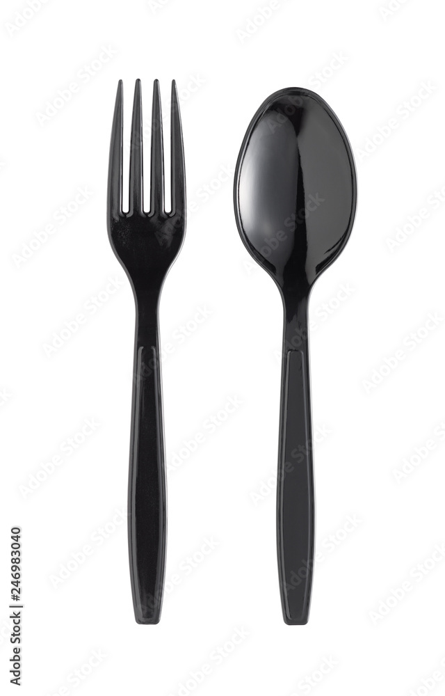 disposable black plastic spoon and fork isolated on white background
