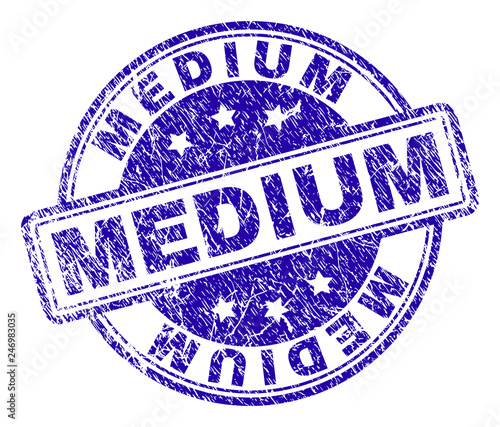 MEDIUM stamp seal imprint with distress texture. Designed with rounded rectangles and circles. Blue vector rubber print of MEDIUM label with scratched texture.