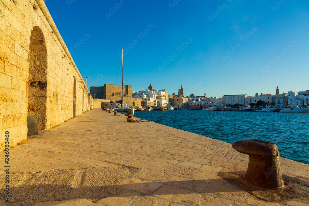 Naklejka premium View of scenic city scape and a fishing harbor with marina in Monopoli, Italy