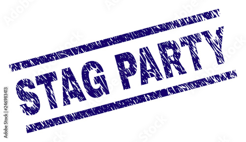 STAG PARTY seal print with grunge style. Blue vector rubber print of STAG PARTY title with retro texture. Text caption is placed between parallel lines.