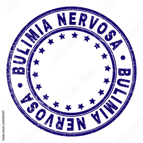 BULIMIA NERVOSA stamp seal imprint with grunge texture. Designed with round shapes and stars. Blue vector rubber print of BULIMIA NERVOSA caption with corroded texture.