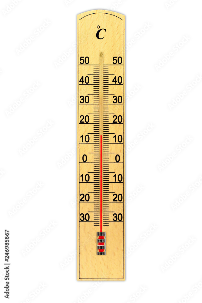 Wooden celsius scale thermometer isolated on white background. Thermometer shows air temperature plus 14 degrees Wooden celsius scale thermometer isolated on white background. Thermometer shows air temperature plus 14 degrees