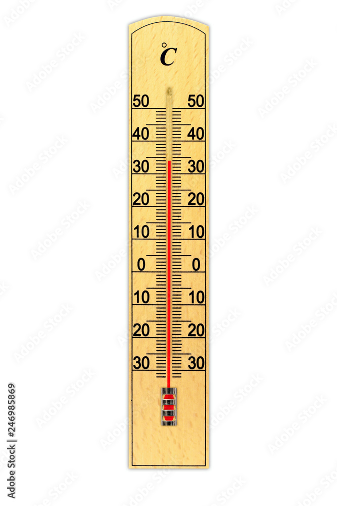 Wooden celsius scale thermometer isolated on white background. Thermometer shows air temperature plus 34 degrees Wooden celsius scale thermometer isolated on white background. Thermometer shows air temperature plus 34 degrees