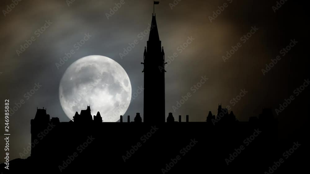Parliament Hill (Colline du Parlement) and Its Gothic revival suite of Buildings in Silhouette by Night With Full Moon, Ottawa, Ontario, Canada Parliament Hill (Colline du Parlement) and Its Gothic revival suite of Buildings in Silhouette by Night With Full Moon, Ottawa, Ontario, Canada