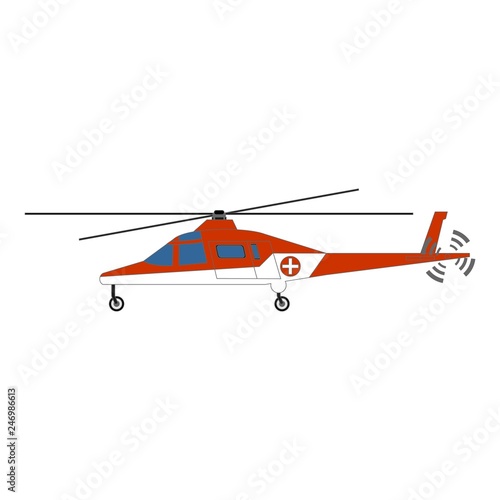 Fly red medical helicopter air transportation. Military copter vehicle. Vector illustration