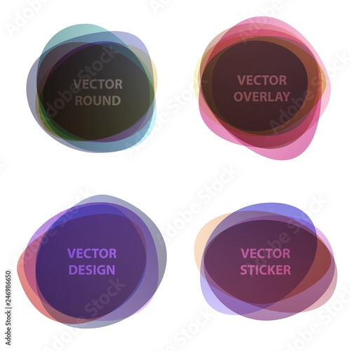 Different abstract colorful shape round overlay organic sticker set. Circle speech label icon design element banner. Vector illustration transparent watercolor layer collection template