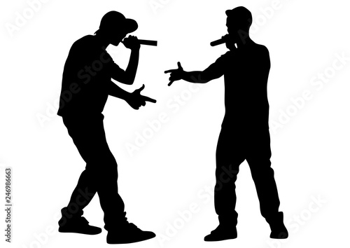 Hip-hop artists with microphones on stage on white background