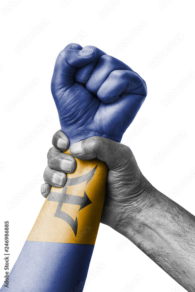Fototapeta premium Fist painted in colors of Barbados flag, fist flag, country of Barbados