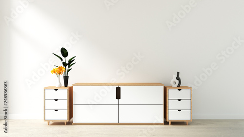 Tv cabinet in modern empty room Japanese - zen style,minimal designs. 3D rendering