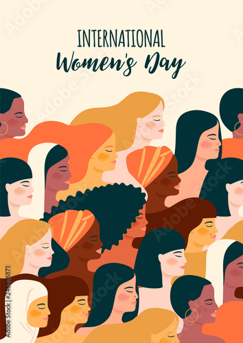 International Womens Day. Vector illustration with women different nationalities and cultures.