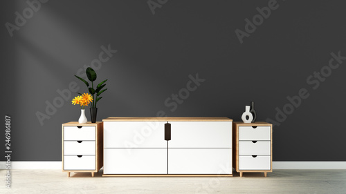 cabinet in modern empty room,black blue wall on wooden floor, 3d rendering