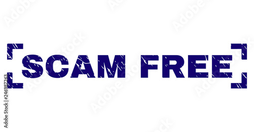 SCAM FREE text seal stamp with grunge texture. Text tag is placed between corners. Blue vector rubber print of SCAM FREE with dirty texture.
