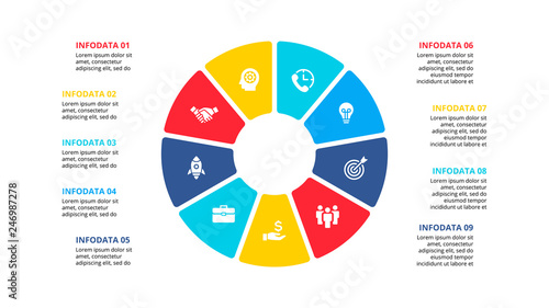 Flat circle element for infographic with 9 parts, options or steps. Template for cycle diagram, graph, presentation and chart