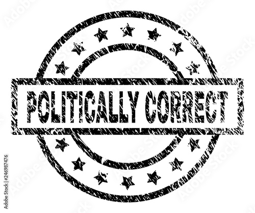 POLITICALLY CORRECT stamp seal watermark with distress style. Designed with rectangle, circles and stars. Black vector rubber print of POLITICALLY CORRECT tag with grunge texture.