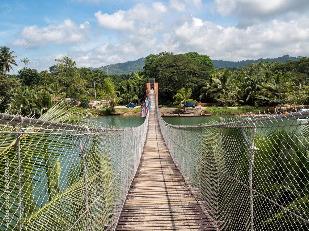 Obraz premium Pedestrian hanging bridge over river in tropical forest, Bohol, Philippines. November, 2018