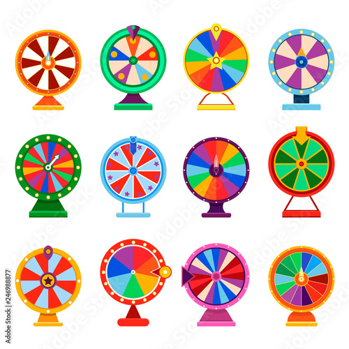Fortune wheel spin icon set. Colorful lottery roulette with arrow collection. Vector casino game object illustration