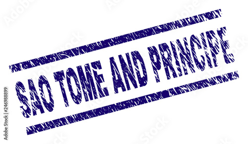 SAO TOME AND PRINCIPE seal imprint with scratced style. Blue vector rubber print of SAO TOME AND PRINCIPE text with unclean texture. Text tag is placed between parallel lines.