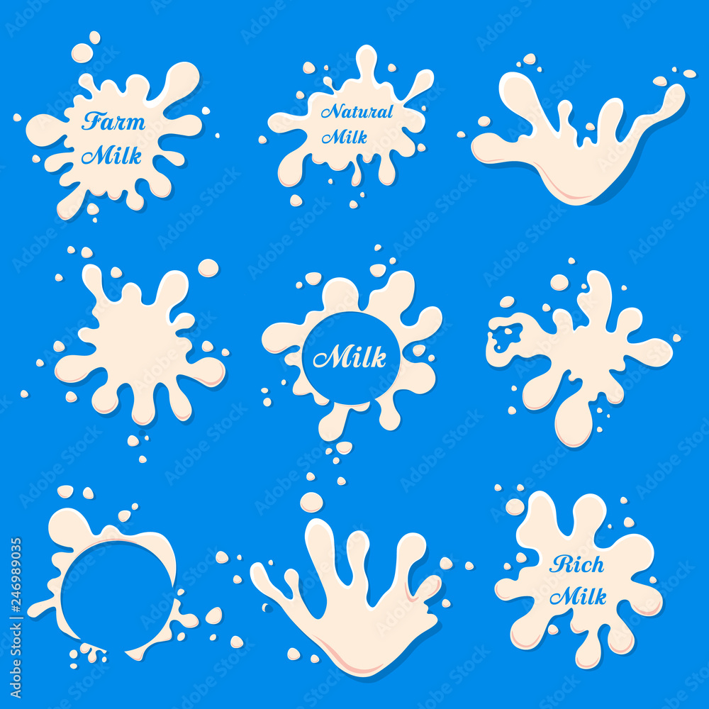 Fototapeta Milk splash labels set isolated on blue background. White logo for fresh design milk farm. Vector illustration