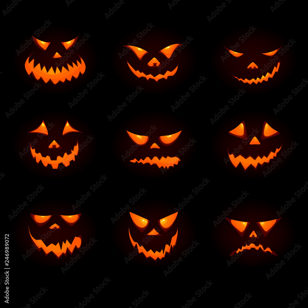 Halloween big icon set with pumpkins. 3d pumpkin face emoji. Vector halloween symbol for game app, web or ui design. Cartoon smile face. Vector illustration Halloween big icon set with pumpkins. 3d pumpkin face emoji. Vector halloween symbol for game app, web or ui design. Cartoon smile face. Vector illustration