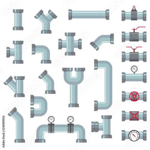 Different water tube pipes details icon set. Oil or gas industrial construction plumbing connective elements. Vector drain pipeline illustration