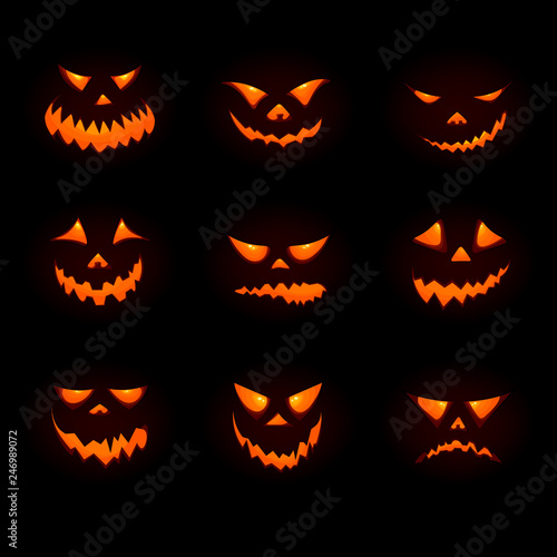 Halloween big icon set with pumpkins. 3d pumpkin face emoji. Vector halloween symbol for game app, web or ui design. Cartoon smile face. Vector illustration