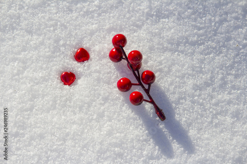  two red hearts and a branch with red berries in the snow