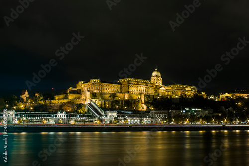 Buda Castle on the banks of the Danube River in Budapest at night. Hungary