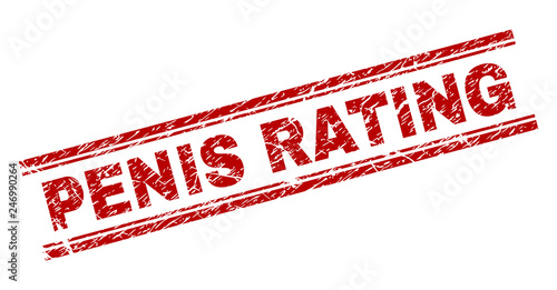 PENIS RATING seal imprint with corroded effect. Red vector rubber print of PENIS RATING title with corroded texture. Text title is placed between double parallel lines.