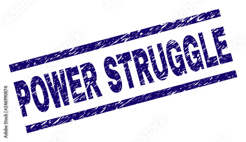 POWER STRUGGLE seal print with distress style. Blue vector rubber print of POWER STRUGGLE caption with unclean texture. Text caption is placed between parallel lines.