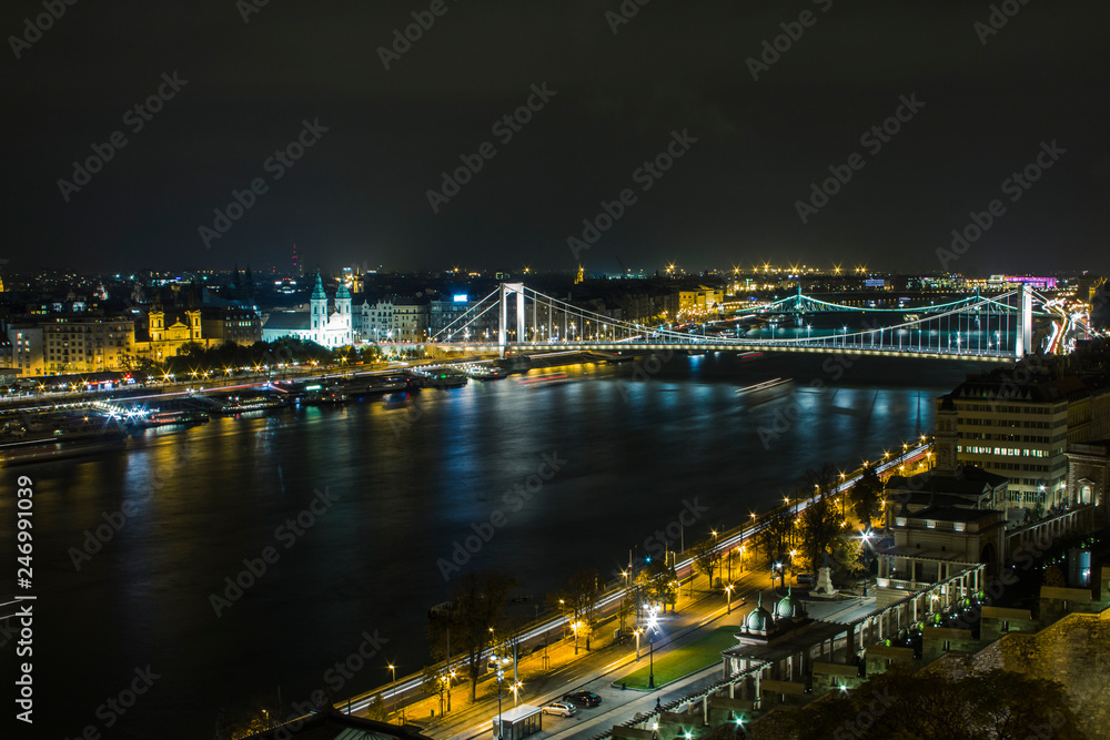 A night view of the Danube River and bridges in Budapest. Hungary