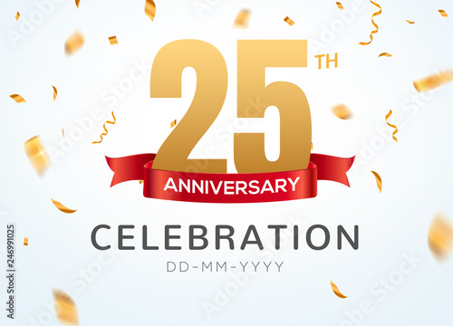 25 Anniversary gold numbers with golden confetti. Celebration 25th anniversary event party template