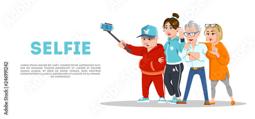 Set of cheerful senior people hipsters gathering and having fun. Group of senior people taking selfie photo with stick. Grandfathers and grandmothers. Pensioners at retirement on white background.