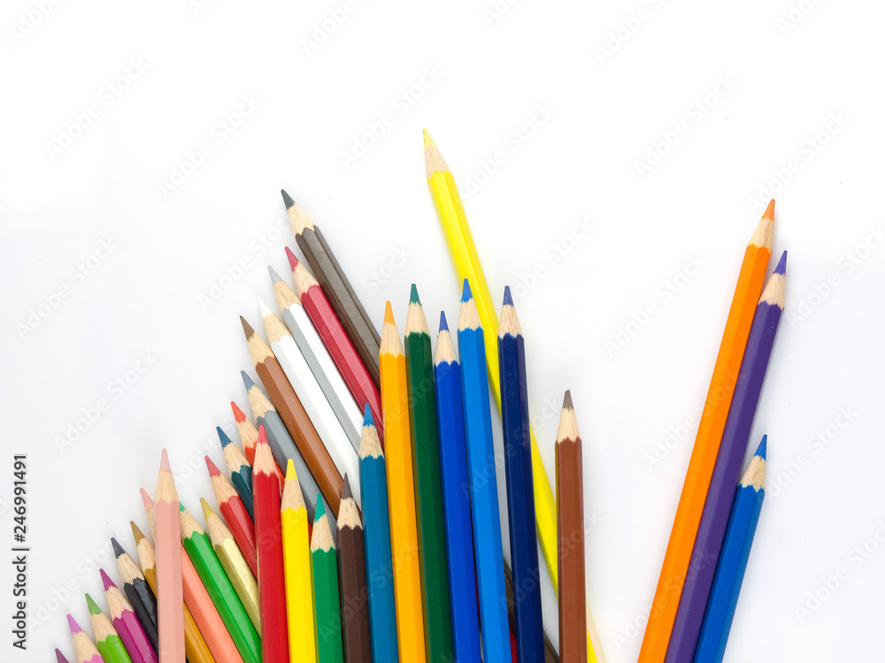 Multicolored pencils with free space for text on white background, Color pencils isolated