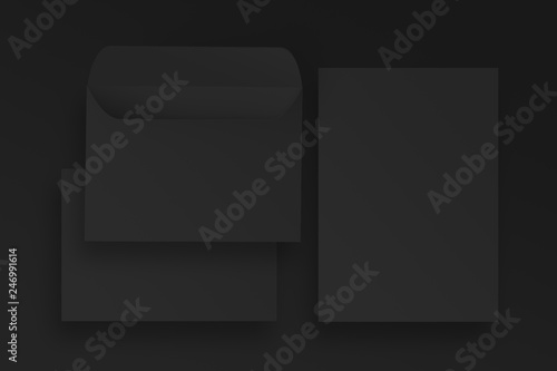 Black envelope C4 and Letterhead A4 Front and Back Mockup, Company Identity Presentation Design Layot, Isolated on Black background.