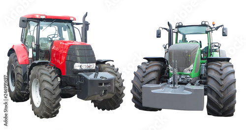 Fotografi Abstract modern powerful red and green tractors isolated over white