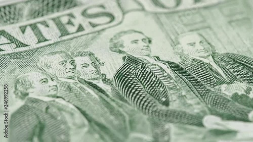 Signing declaration of independence on United States 2 dollar bill macro slow rotating. Low angle. Stock video footage