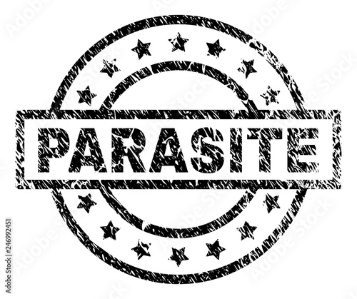 PARASITE stamp seal watermark with distress style. Designed with rectangle, circles and stars. Black vector rubber print of PARASITE tag with retro texture.