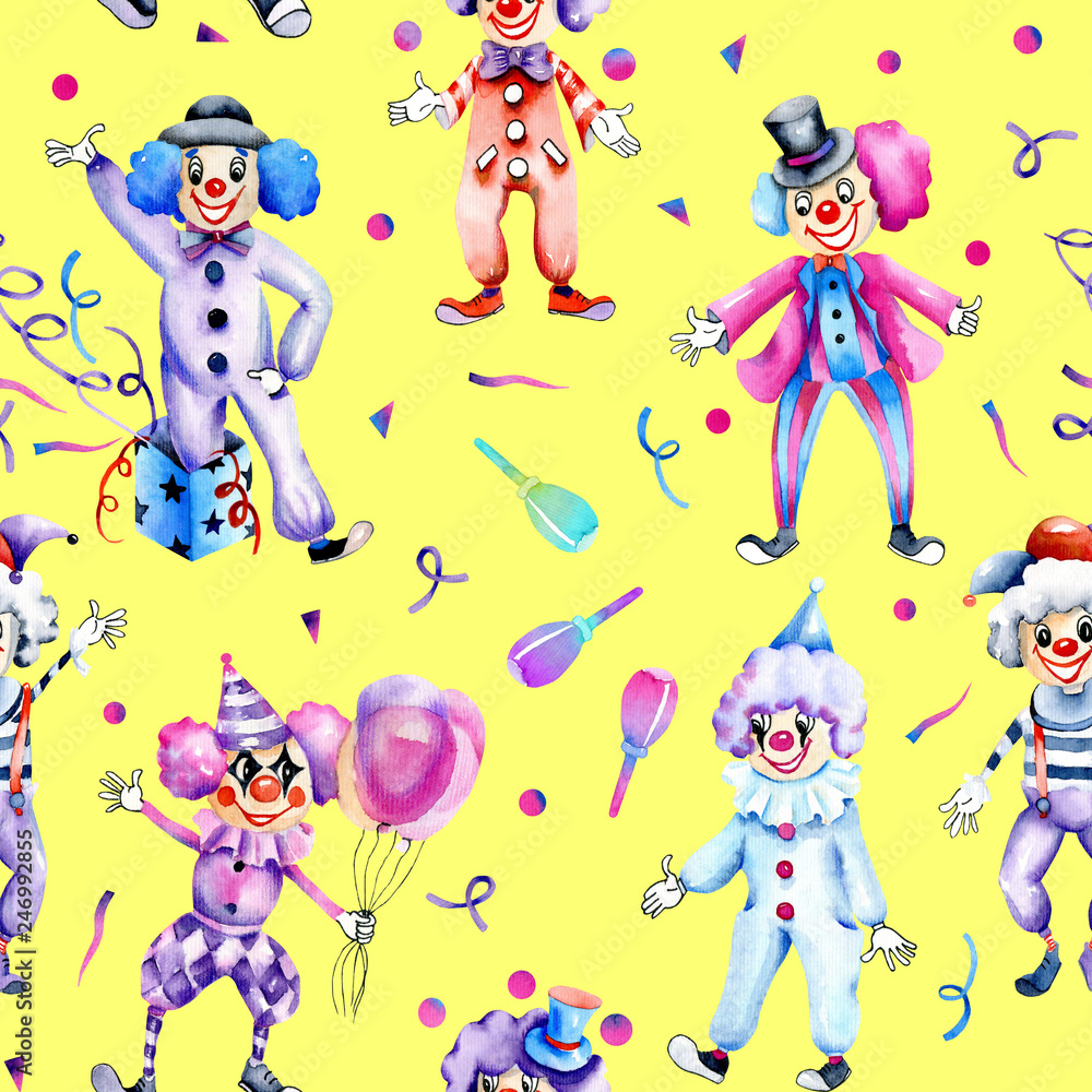 Watercolor circus clowns and confetti seamless pattern, hand painted on a yellow background