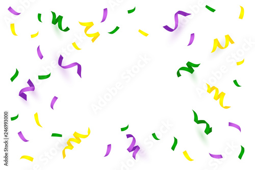 Mardi Gras greeting background with Bright Colorful serpentine isolated on white. Space for text. Falling particles for Carnival, Mardi Gras, Holiday decoration.