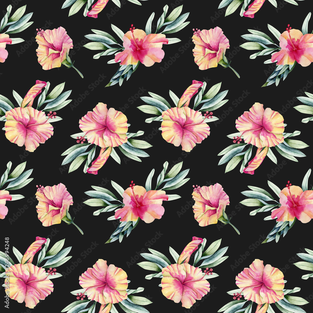 Watercolor hibiscus flowers, branhces and leaves bouquets seamless pattern, hand painted on a dark background