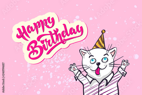 Kawaii, a cat in a shirt and cap. lettering happy birthday, vector illustration. Greeting card, drawing for your design. Hand drawn vector illustration