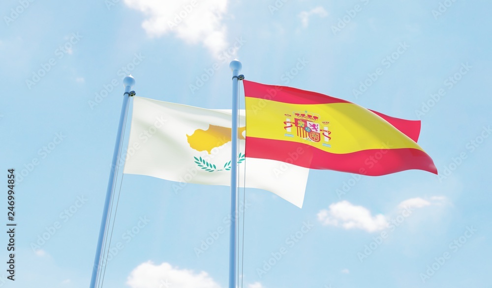 Spain and Cyprus, two flags waving against blue sky. 3d image Spain and Cyprus, two flags waving against blue sky. 3d image