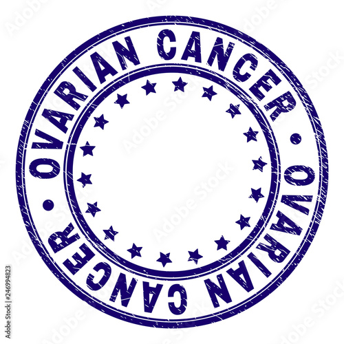 OVARIAN CANCER stamp seal imprint with grunge texture. Designed with circles and stars. Blue vector rubber print of OVARIAN CANCER caption with corroded texture.