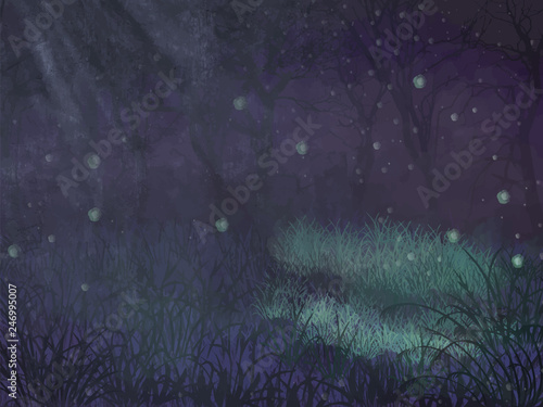 Enchanted forest copy space. Enchanted forest copy space vector background for text. Violet enchanted forest for copy space background. Purple enchanted forest copy space vector background for design.
