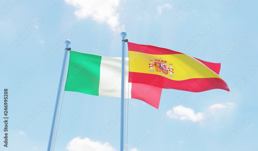 Spain and Italy, two flags waving against blue sky. 3d image Spain and Italy, two flags waving against blue sky. 3d image