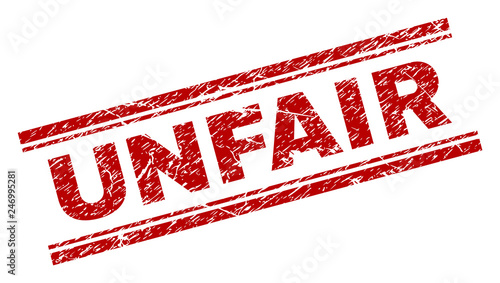 UNFAIR seal stamp with corroded texture. Red vector rubber print of UNFAIR text with grunge texture. Text title is placed between double parallel lines.
